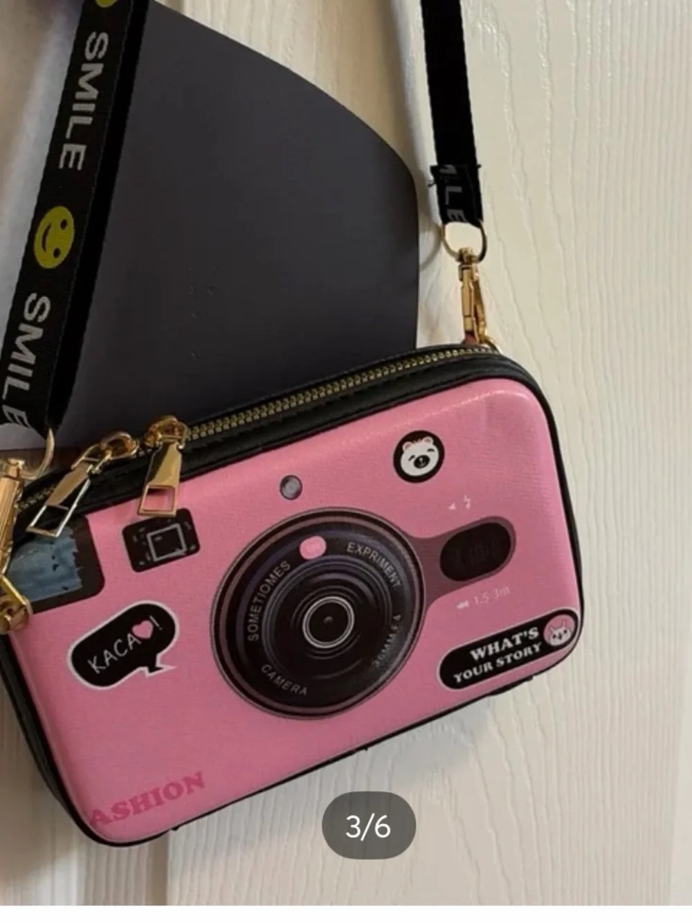 Pink Fashion Camera-Style Crossbody Bag with Smile Strap